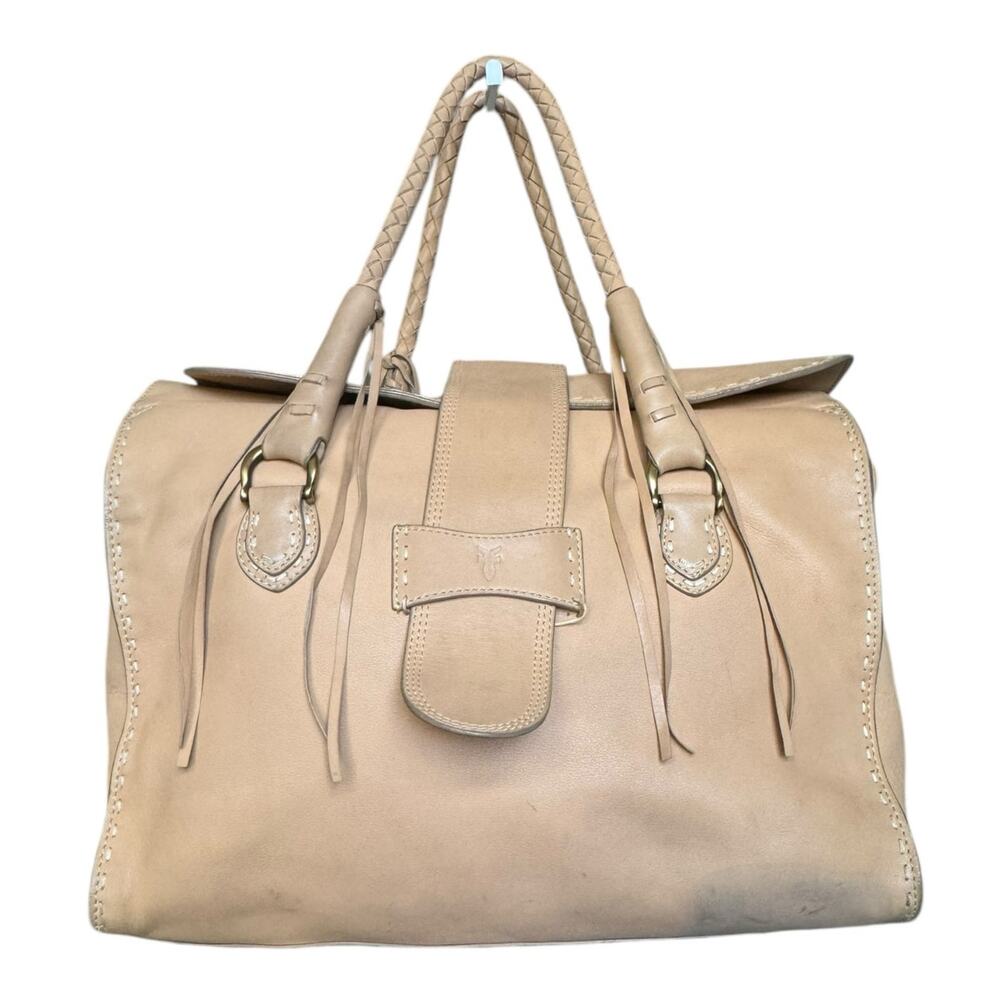 Vintage Frye Apricot Leather Boho Tote Braided Handle Tassel Bag